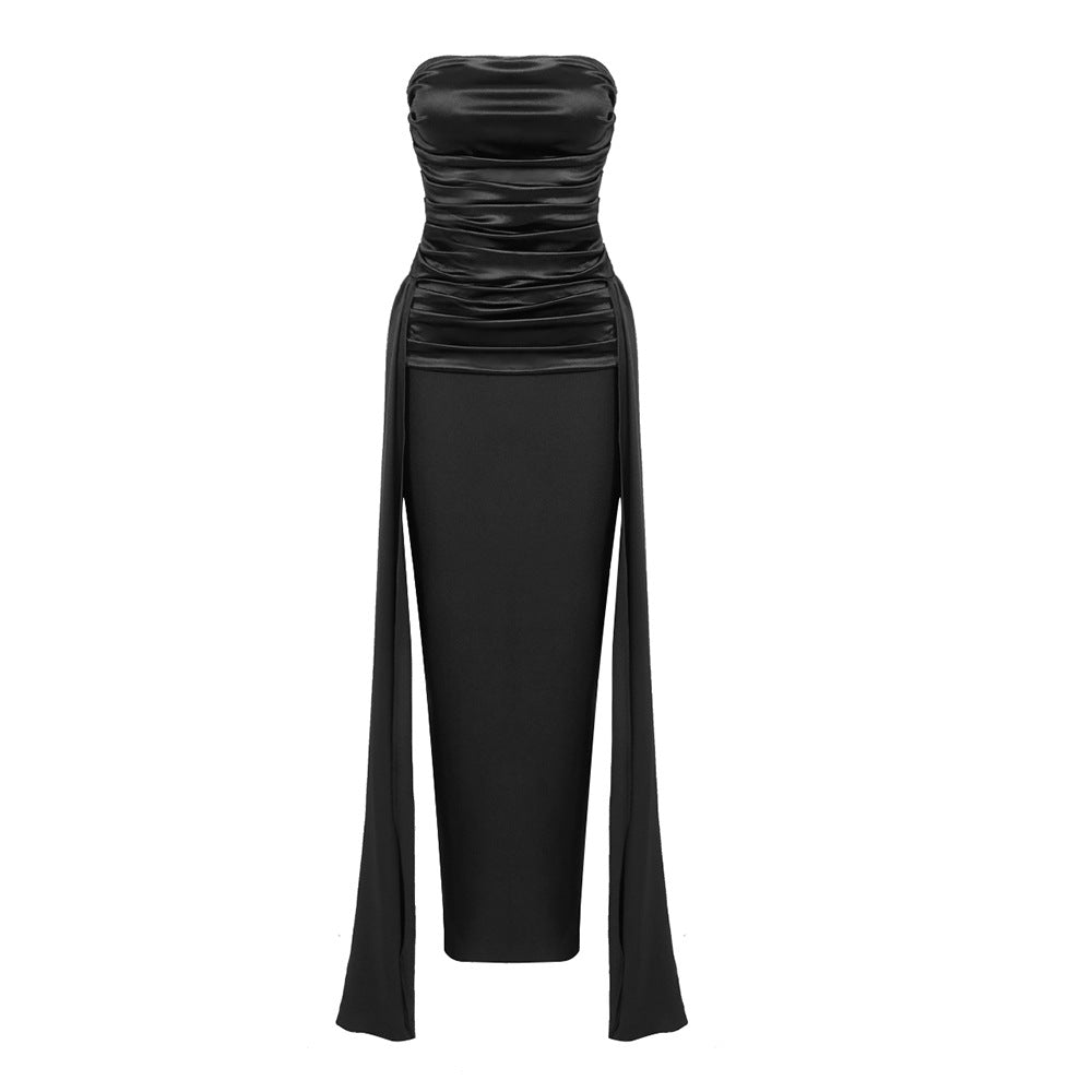 Women Black Tube Top Pleated Ribbon Dress Summer Dress