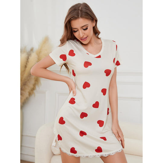 Women Home Pajamas Women Summer Heart Printing Sexy Cute Short Sleeve Nightdress Women