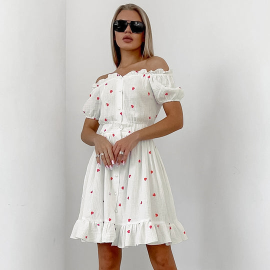 Summer White Cotton Heart Printing Nightdress Loose Soft Breathable Ruffled Ladies Homewear