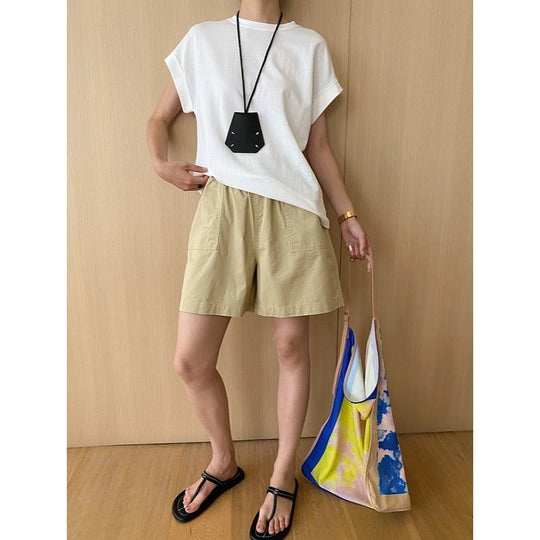 Fashionable Double Pocket Washed Cotton Office Elastic Waist Loose Straight Casual Shorts