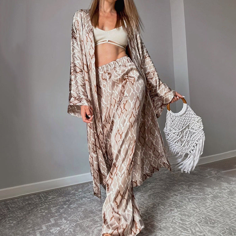 French Sexy Elegant Artificial Silk Printed Loose Long Sleeves Nightgown Trousers Two Piece Set Autumn Winter Home Wear