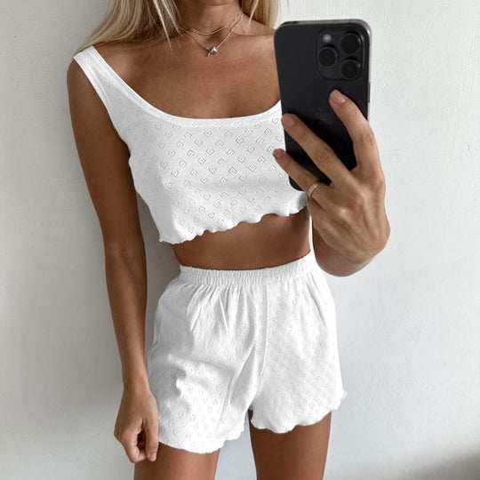 Summer Knitted Blended Breathable Cool Vest Shorts Two Piece Pajamas Women Jacquard Stretch