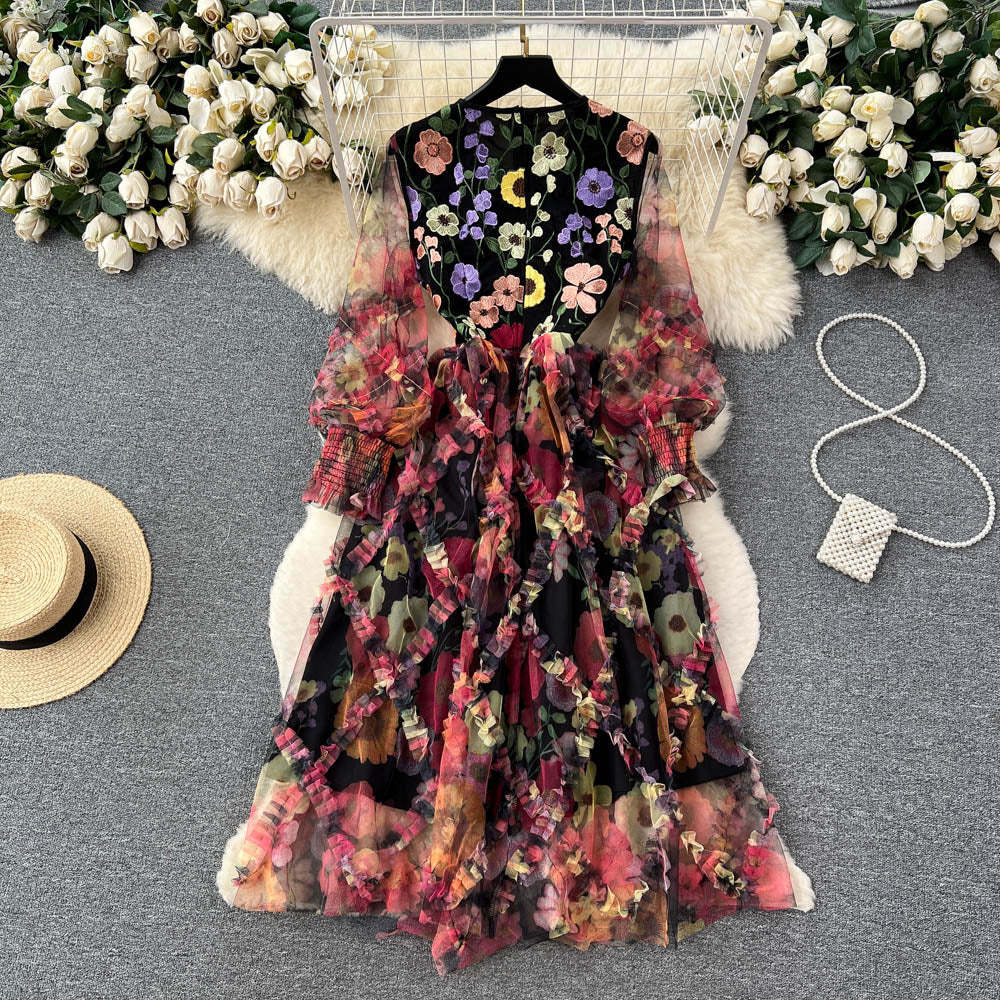 High Grade Round Neck Long Sleeve Three Dimensional Floral Embroidery Stitching Mesh Tulle Tutu Dress Women Waist Slimming Organza