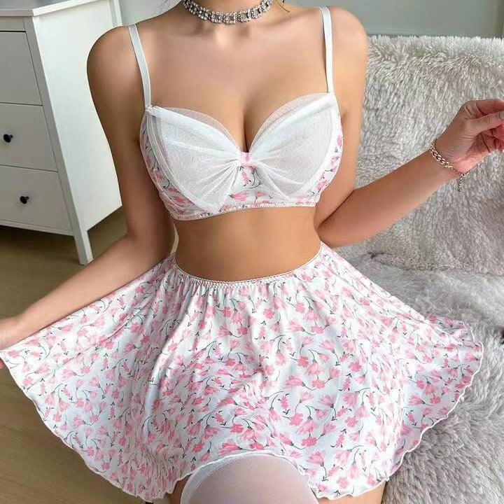 Summer Floral Breathable Skirt Sexy Cute Girl Pure Sexy Lingerie Set