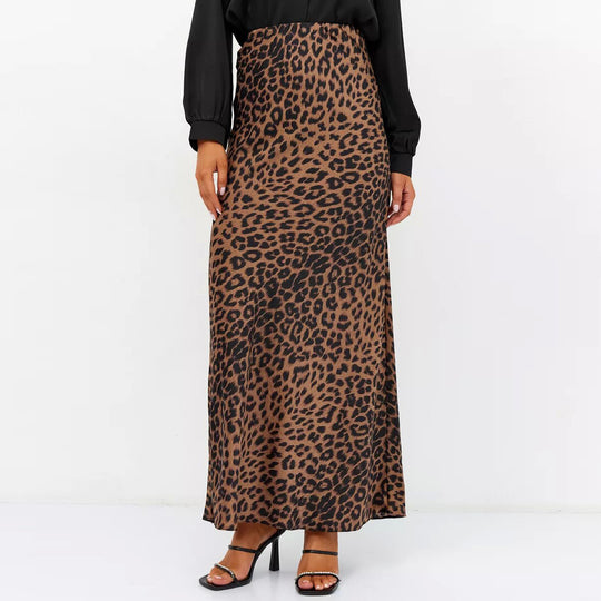 Satin Skirt Sexy Leopard Print Maxi Skirt High Waist Elastic Silky Maxi Skirt