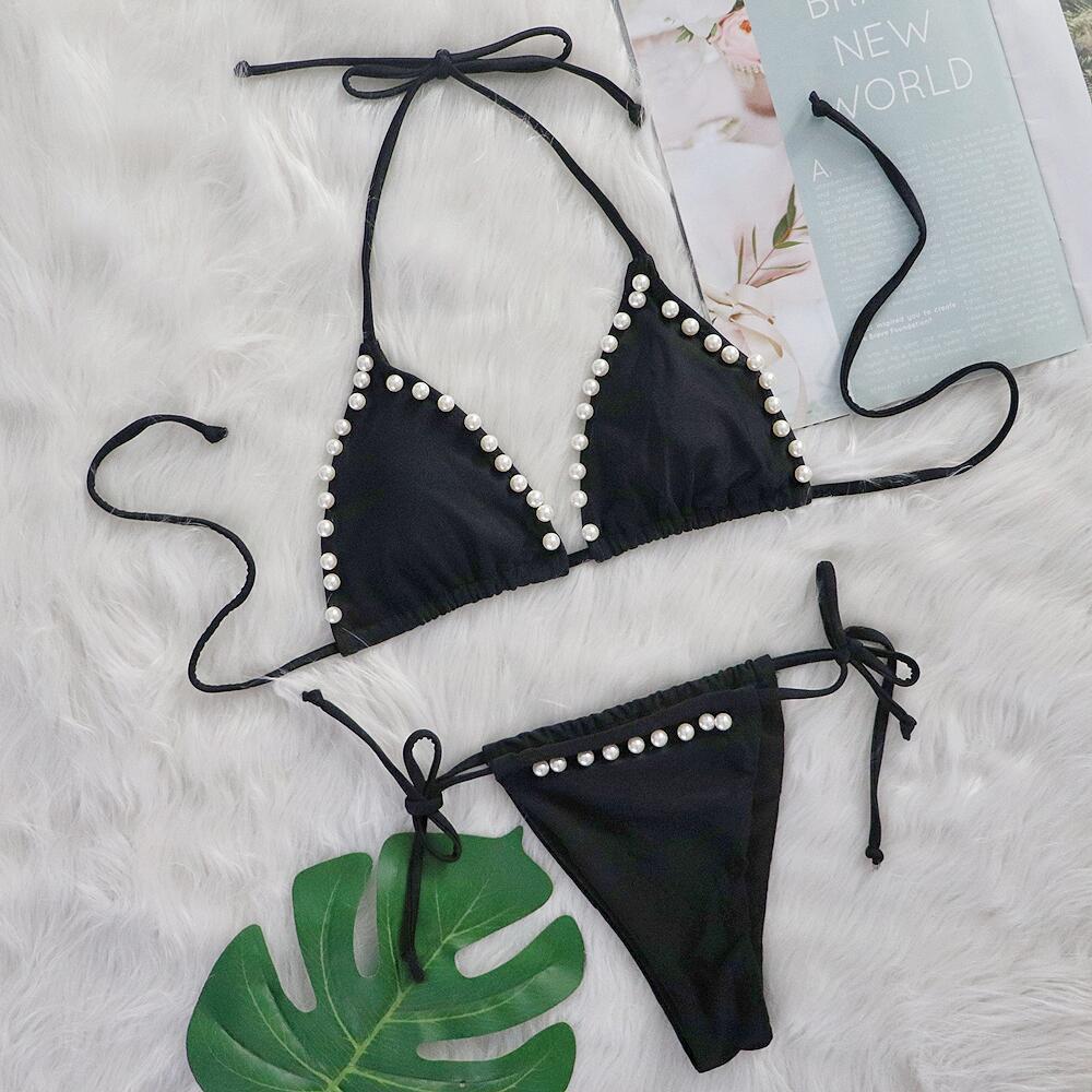 Sexy Bikini Solid Color Lace Up Pearl Swimsuit Split Swimsuit