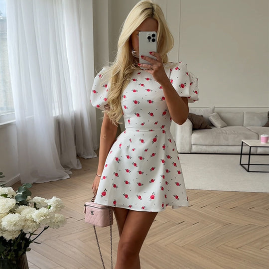 Summer Fresh Sweet Puff Sleeve Small High Waist Floral Dress Slim A Line Dress