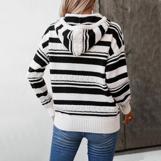 Autumn Winter Striped Women Sweater Pullover Hooded Drawstring Knitted Top Women