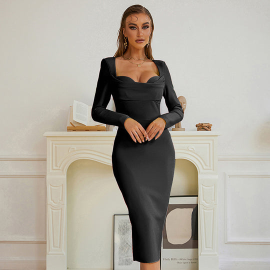 Bandage Simple Sexy Square Neck Back Slit Long Sleeve Slim Dress Women