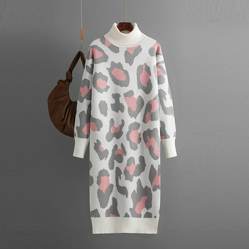 Autumn Winter Turtleneck Base Knitted Dress Leopard Print Maxi Dress for Women