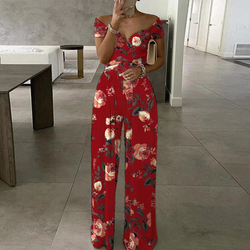 Spring Autumn Women Clothing off Shoulder Printing Office Printed Waist Controlled Jumpsuit