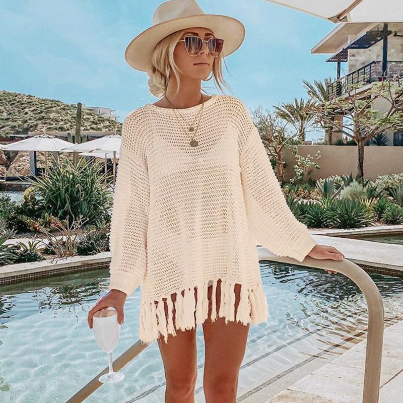 Hollow Out Cutout Knitted Tassel Beach Cover Up Seaside Vacation Bikini Cover Swimsuit Outwear Sun Protection Clothing Women