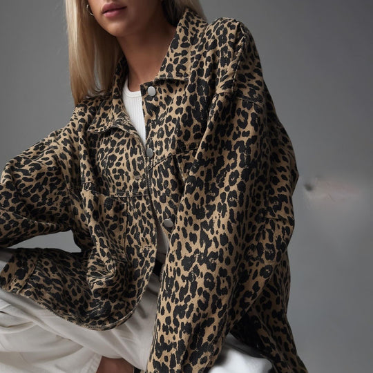 Vintage Leopard Print Niche Collared Denim Coat Spring Fashionable Loose Trendy Jacket