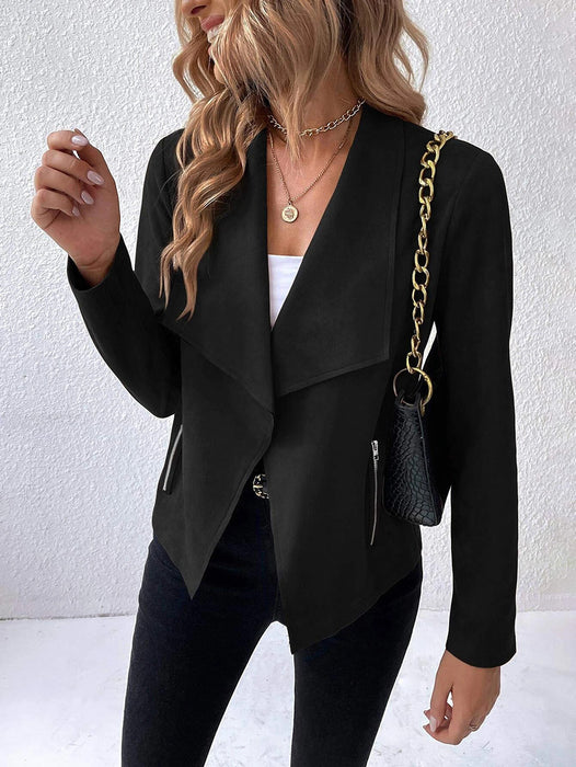 Women Fur Coat Collared Long Sleeve Office Zipper Short Women Top