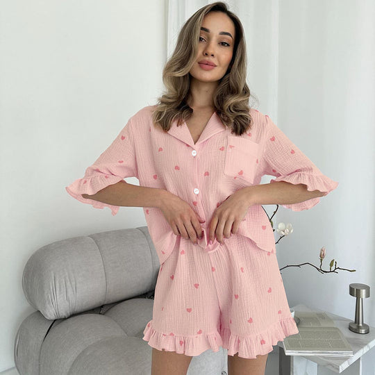 Summer Purified Cotton Pajamas Women Heart Printing Ruffled Half Sleeve Shorts Two Piece Set Soft Skin Friendly