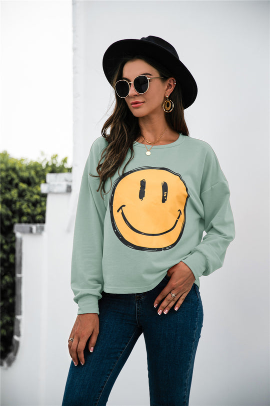 Autumn Winter round Neck Smiley Face Printing Casual Long Sleeve Smiley Face Sweatshirt