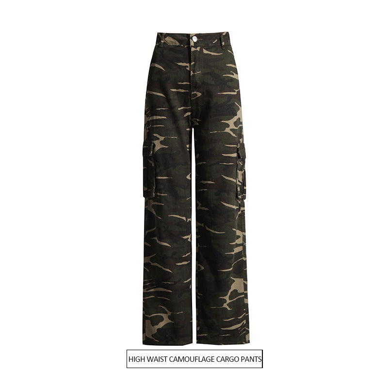 High Street Retro Denim Camouflage Pants Autumn Trendy Multi Pocket Workwear Straight Leg Pants Women