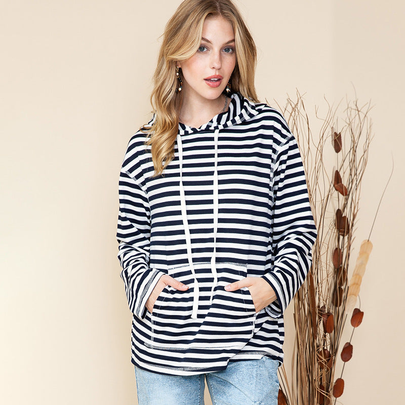 Striped Hooded Sweater Women Autumn Casual Loose Long Sleeve Top Women