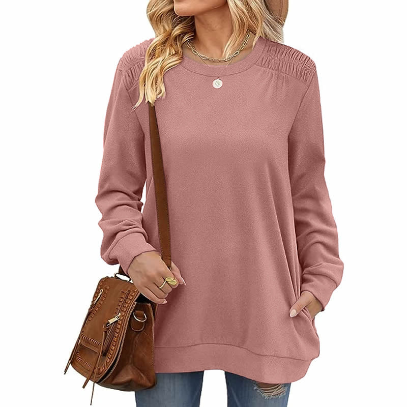 Autumn Winter Solid Color round Neck Loose Casual Long Sleeve T shirt Top for Women