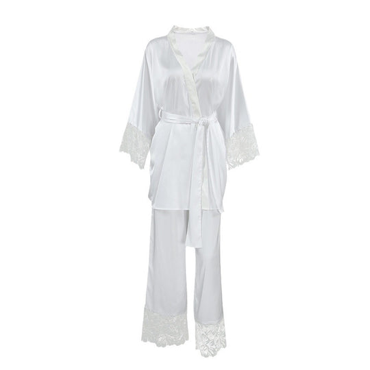 Sexy Lace Stitching Cardigan Long Sleeve Pants Pajamas Two-Piece White Lace up Homewear for Women