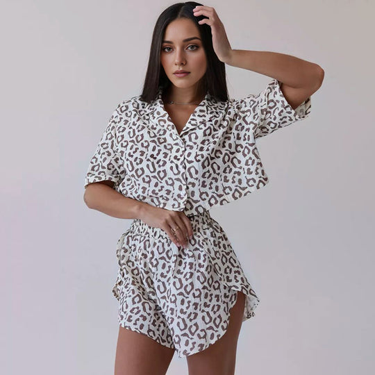 Summer Printed Cardigan Short Sleeved Loose Shorts Two Piece Pajamas Women Homewear