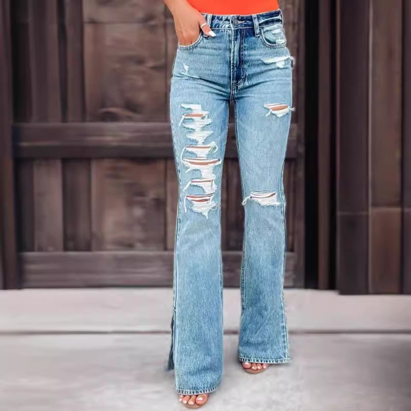 Women Jeans High Waist Broken Holes Pants Micro Pull Split Trousers