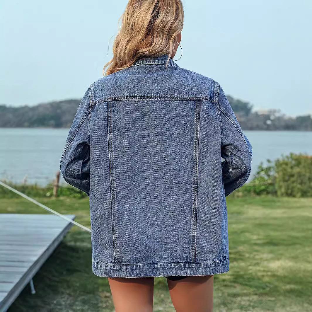 Women Clothing Beaded Fashionable Loose All Match Denim Coat