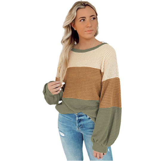 Casual Loose Warm Pullover Sweater Women Autumn Winter Color Contrast Patchwork Drop Shoulder Long Sleeve T Shirt