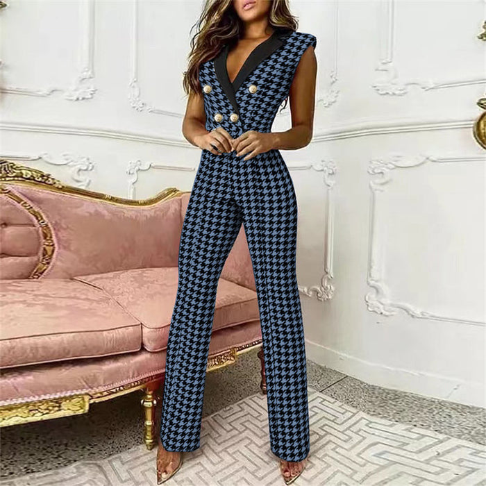 Spring Summer Women Clothing  Color Matching Button V-neck Sleeveless Houndstooth Jumpsuit Business Wear for Women