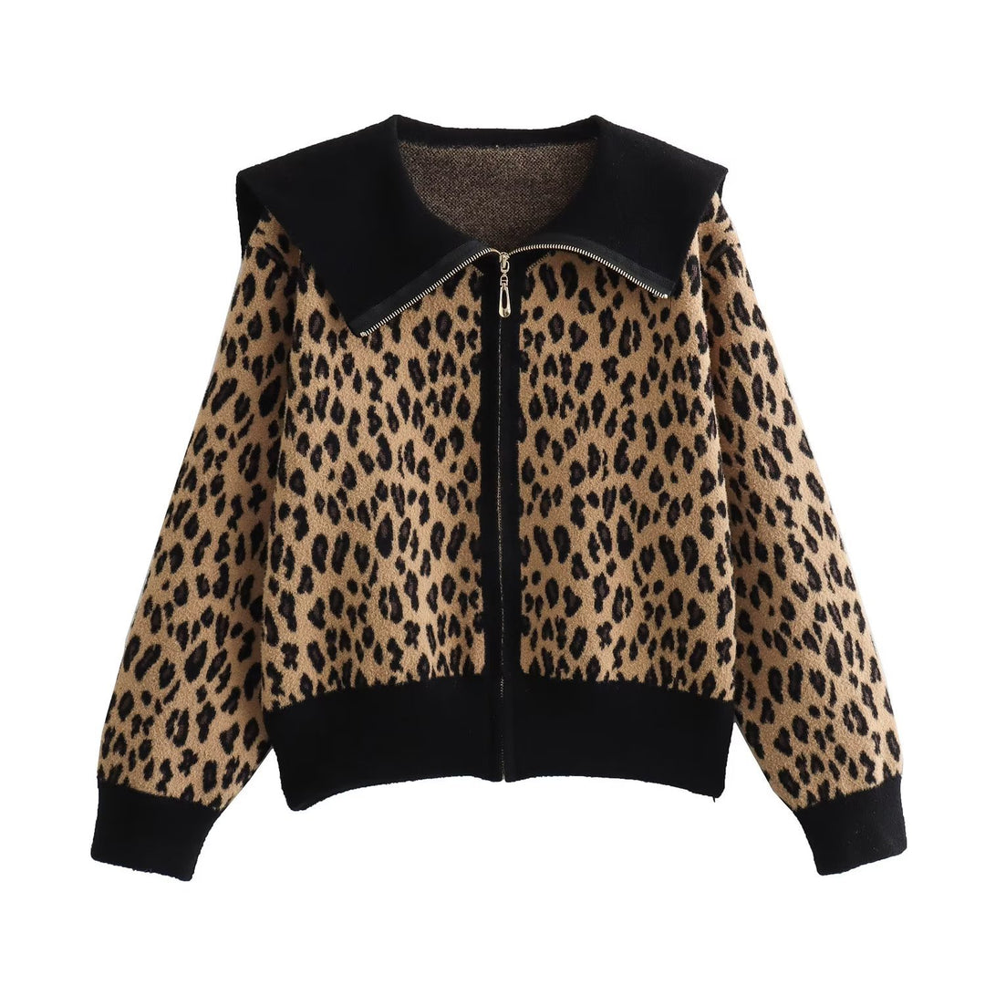 Women   Clothing Leopard Jacquard Large Collared Zipper Knitted Cardigan Coat