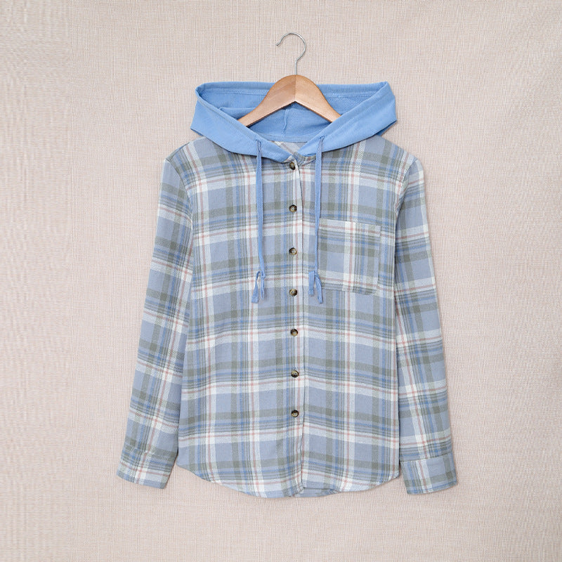 Autumn Winter Women Clothing Hooded Single-Breasted Plaid Women Shacket Jacket