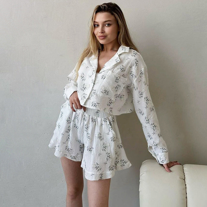 Spring Summer Long Sleeve Shorts Pajamas Crepe Cotton Print Loose Women Outer Home Wear