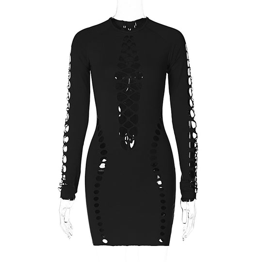 Women Solid Color Sexy Hollow Out Cutout Long Sleeved O neck Short Close Fitting Dress