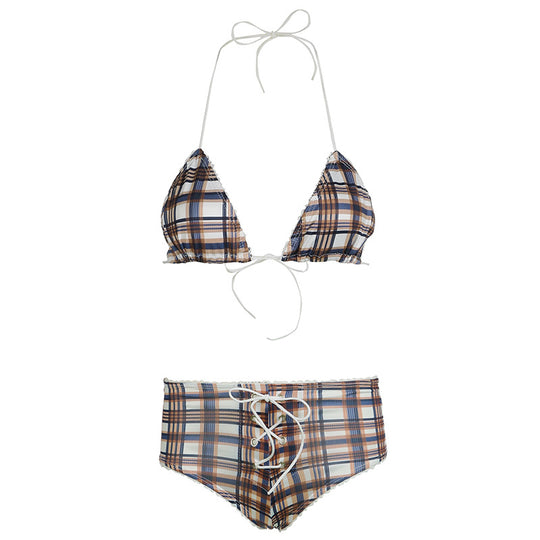 Summer Sexy Swimsuit Bikini Plaid Printed Stitching Strap Halter Bra Triangle Cup Shorts Set