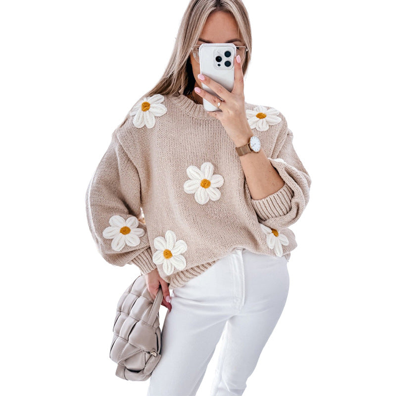 Autumn Winter Pullover Round Neck Long Sleeves Top Women Design Floral Crochet Sweater Women