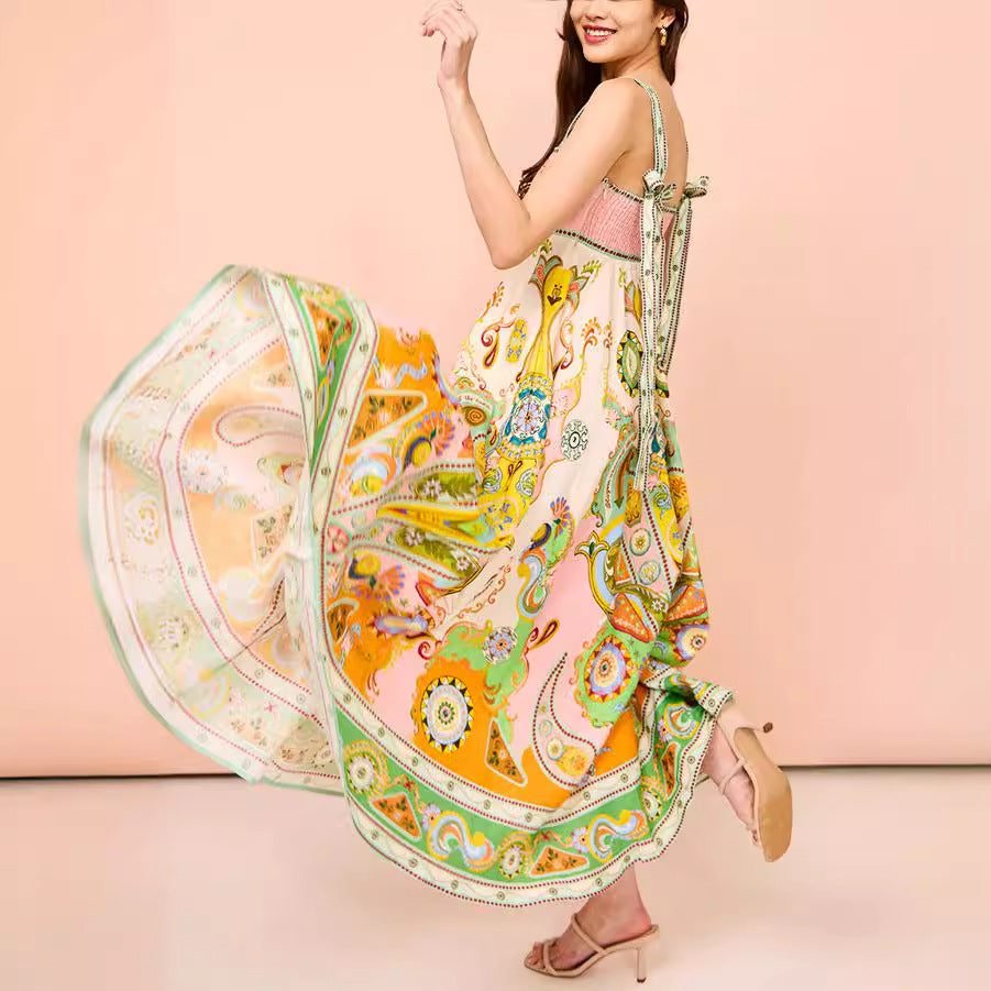 Sexy Women Clothing Sling Graffiti Printing Sleeveless Bow Swing Cotton Linen Dress