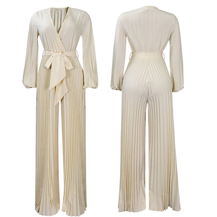 Summer V neck Sexy Lace up Pleated Wide Leg Jumpsuit
