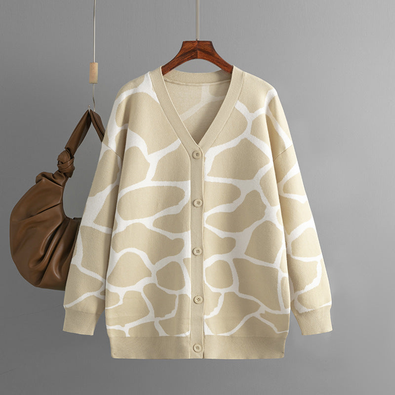Women Clothes Autumn Winter Jacquard Sweater V neck Long Line Pattern Baggy Coat