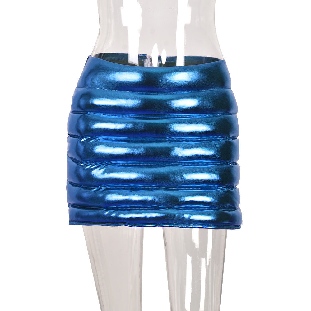 Women Clothing Spring Summer Skirt Splash-Proof Zipper Glossy Personalized Cotton-Filled Skirt for Women