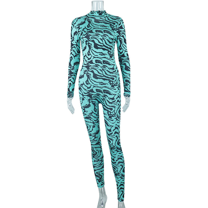 Collar Tight Jumpsuit Printed Long Sleeve One Piece Trousers Hip Raise Skinny High Elastic Gym Pants