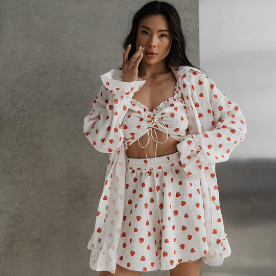 Summer Design Sweet Printed Ruffled Underwear Long Sleeve Shorts Three Piece Cotton Pajamas for Women