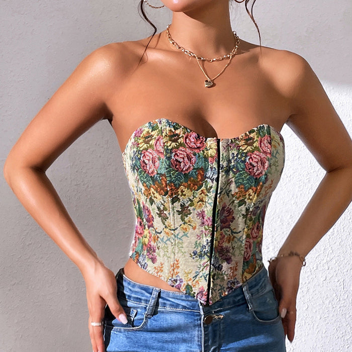 Women Clothing Sexy Retro Jacquard Sexy Low Cut Chest Wrap Boning Corset Breasted Small