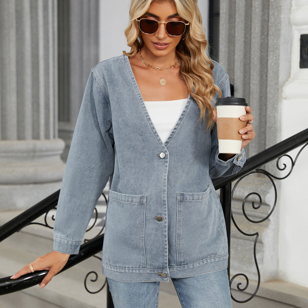 Women Autumn Washed Long Sleeve V Neck Denim Coat Top