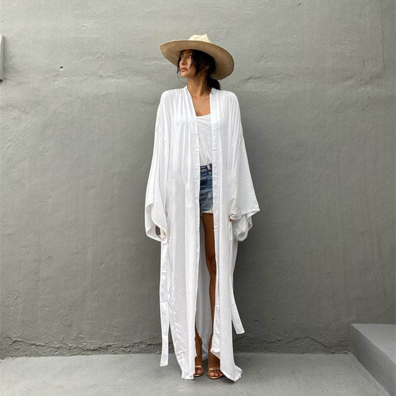 Rayon Cardigan with Belt Beach Cover up Sexy Cardigan Long Sleeve Vacation Beach Cover Up