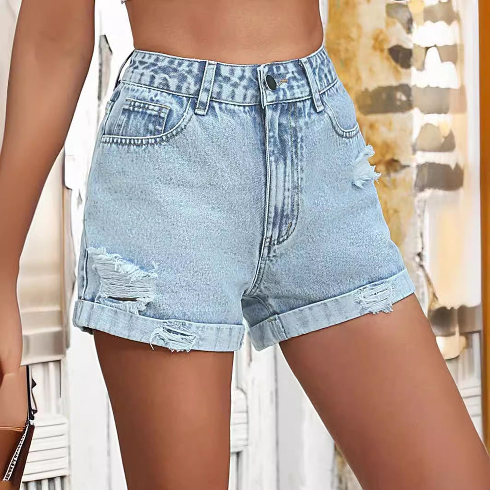 Women Clothing Casual High Waist Ripped Denim Shorts