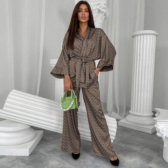 Spring Autumn Print Pajamas Nightgown Pajama Pants Ice Silk Trousers Suit Black Home Wear Women Loose