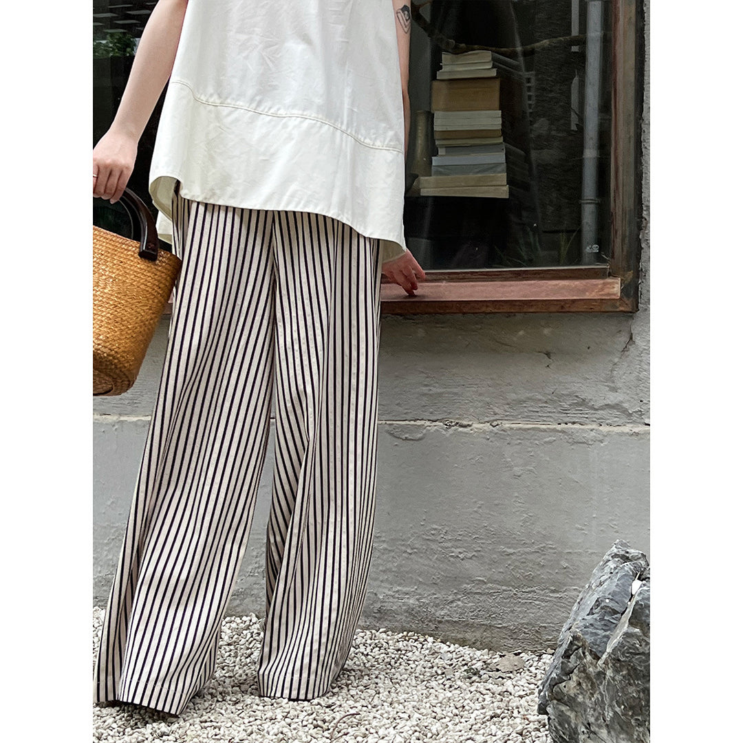 Drooping Loose Feeling Striped Wide Leg Pants Women Elastic Waist Casual Pants Minimalist All Match Lazy Pants