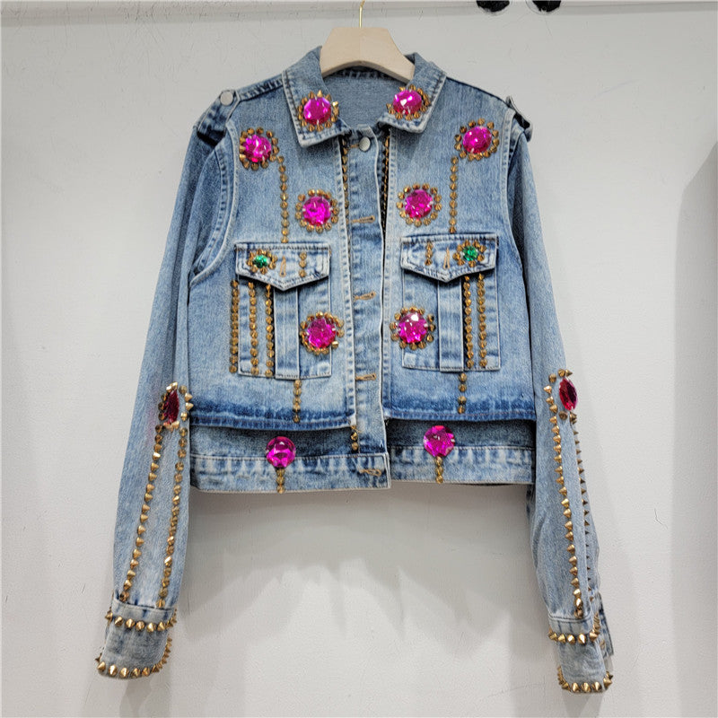 Autumn Heavy Industry Rhinestone Beaded Slimming All Matching Short Denim Coat Women