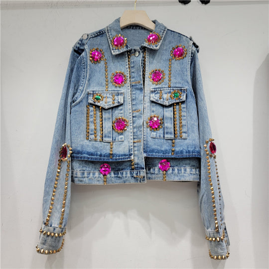 Autumn Heavy Industry Rhinestone Beaded Slimming All Matching Short Denim Coat Women