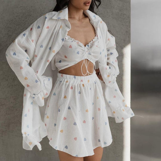 Summer Design Sweet Printed Ruffled Underwear Long Sleeve Shorts Three Piece Cotton Pajamas for Women